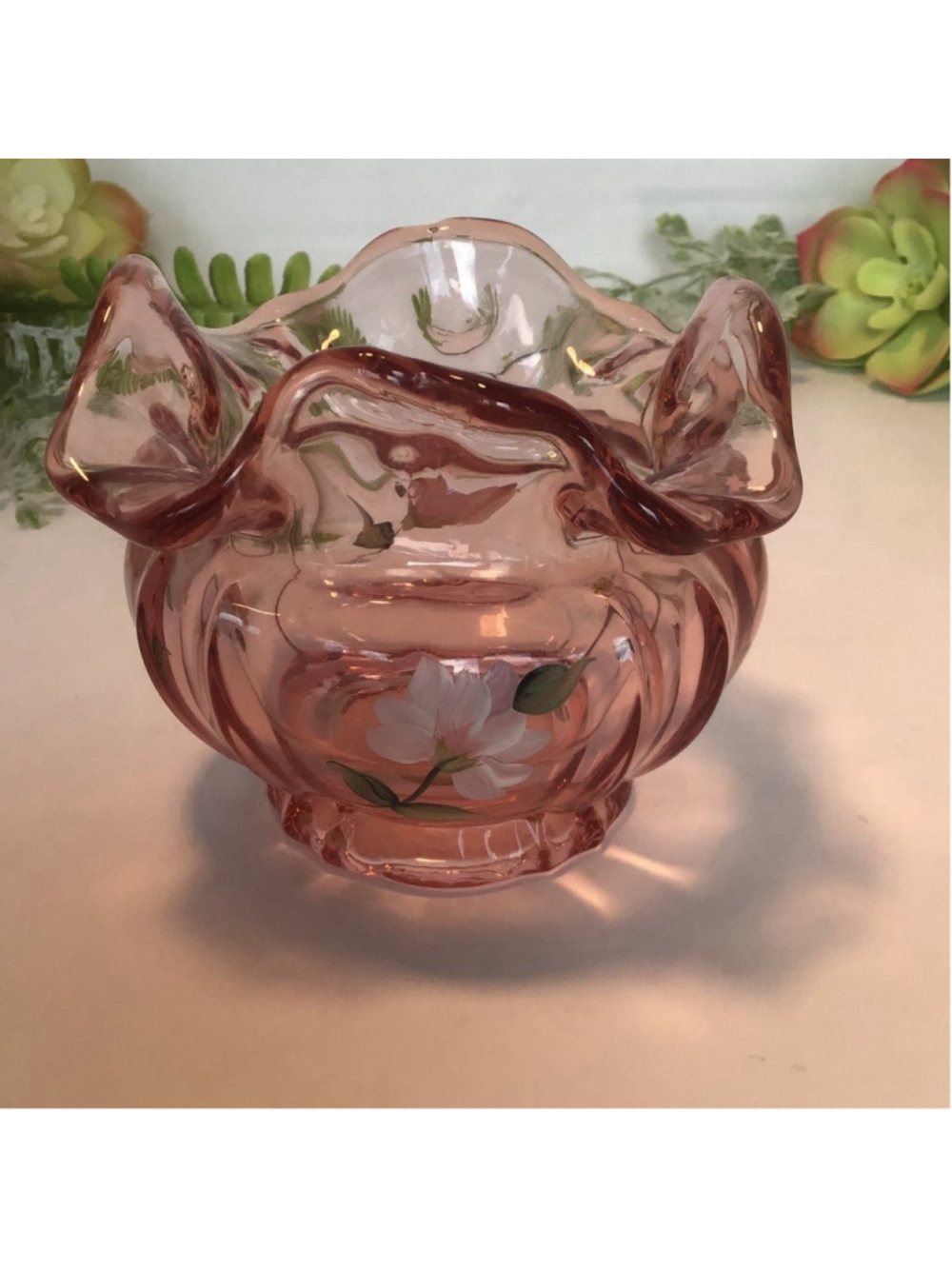 Fenton Pink Hand Painted Ruffle Edge Bowl